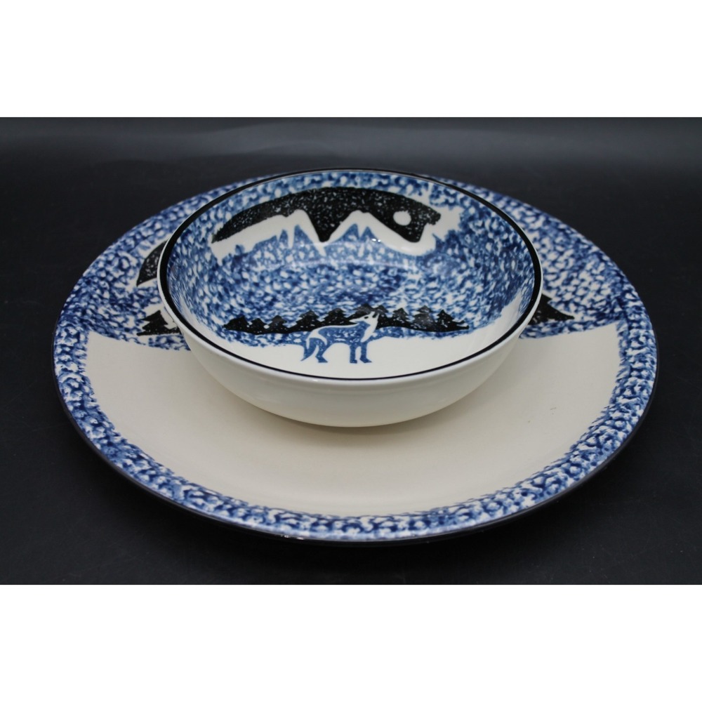 Tienshan Wolf Folkcraft Blue White Dinner Plate and Bowl Set 2-Piece Ceramic